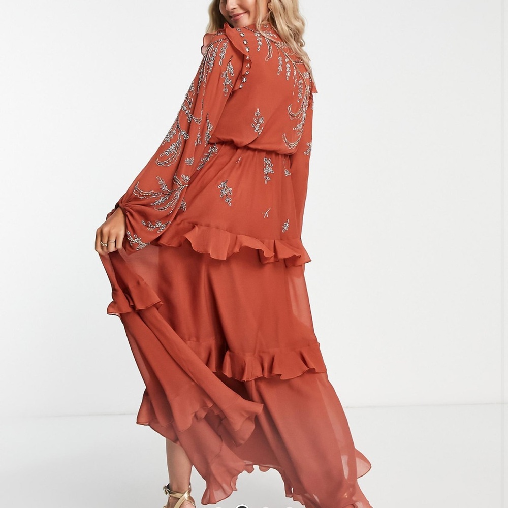 ASOS Rust Embroidered Long Sleeve Ruffle Maxi Dress - Picture 8 of 8